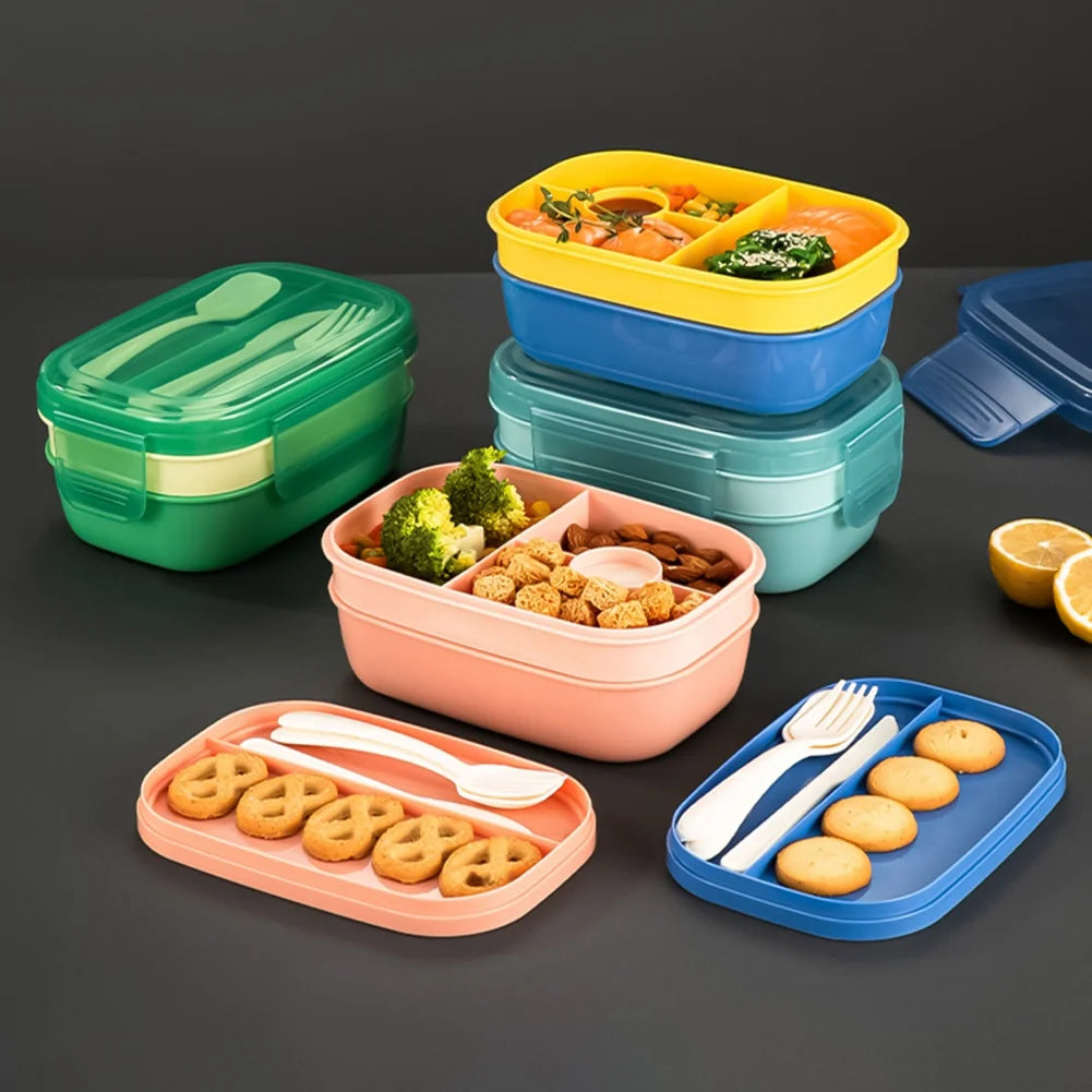 Stackable Bento Box Microwave Lunch Box 3 Layers All-in-One Lunch Containers with Cutlery Set Multiple Grid for Adults & Kids