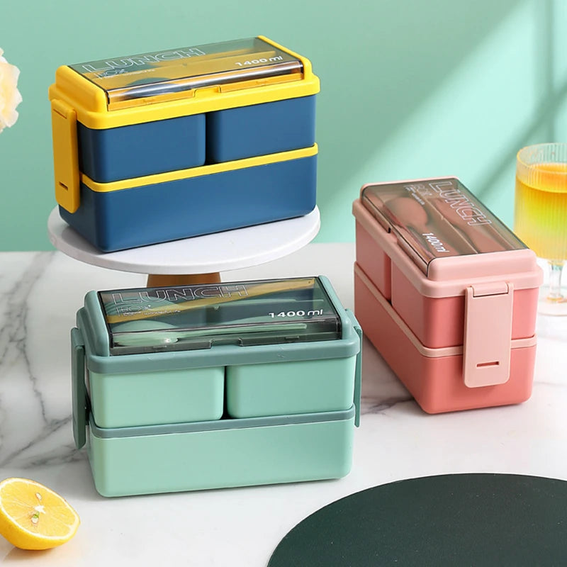 Double Layer Portable Lunch Box For Kids With Fork and Spoon Microwave Bento Boxes Dinnerware Set Food Storage Container