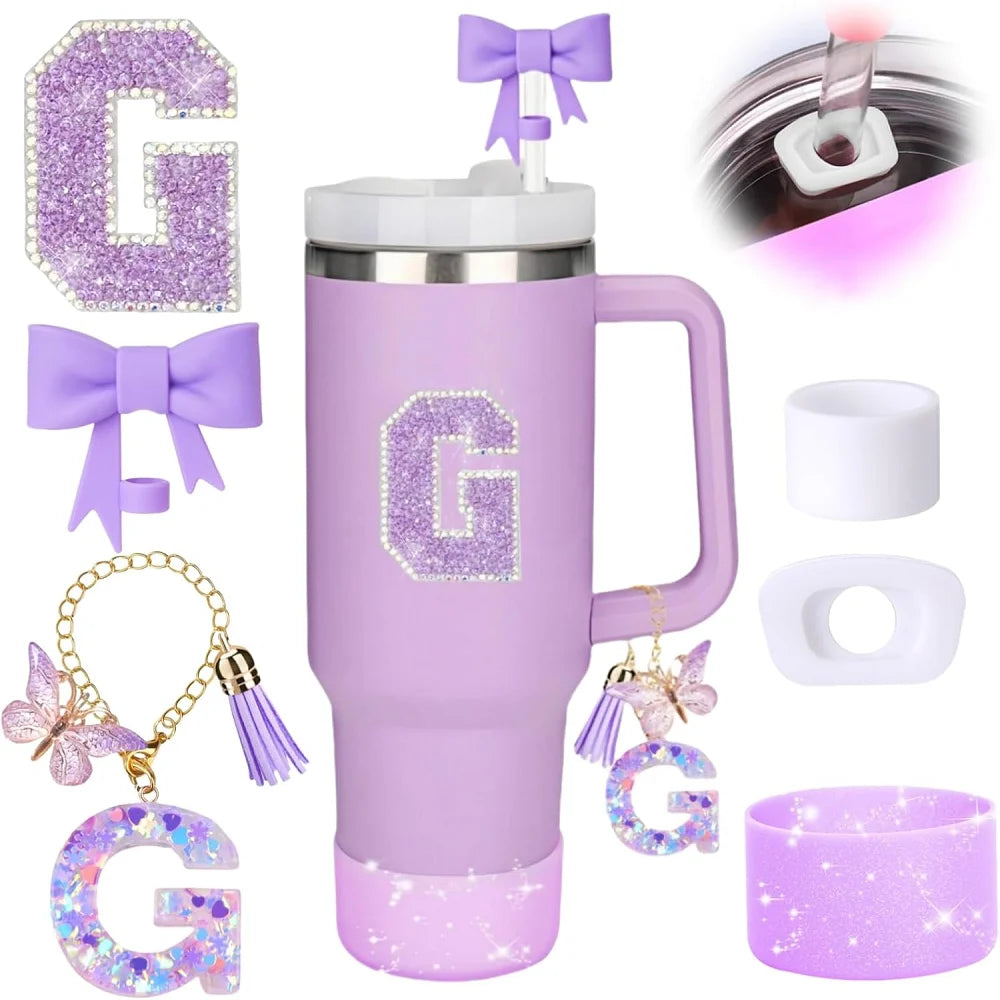 6pcs Accessories Set for Stanely 30oz 40oz Tumbler Including Glitter Initial Sticker 10mm Straw Topper Cover, Resin Letter Charm