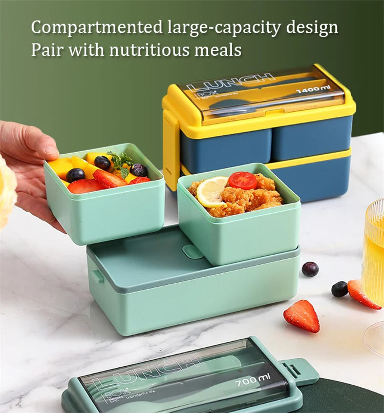 Double Layer Portable Lunch Box For Kids With Fork and Spoon Microwave Bento Boxes Dinnerware Set Food Storage Container