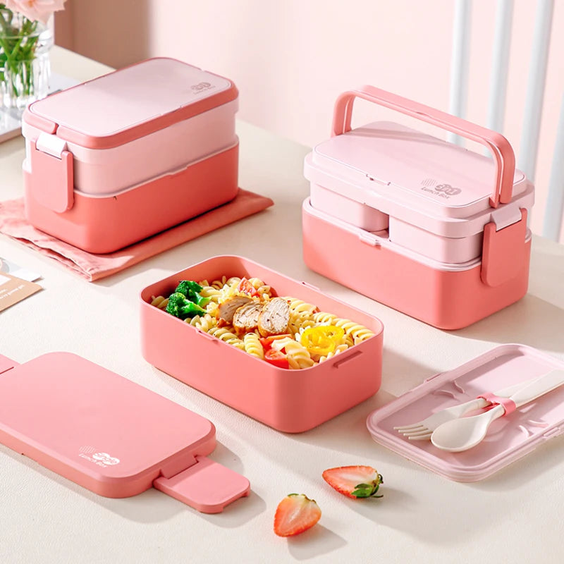 Tragbare Lunchbox aus Bambusfaser, 3-in-1, doppellagig, Bento-Box, mikrowellengeeignet, Löffel und Gabel, für Damen und Mädchen, Schulkinder, Picknick-Lunchbox