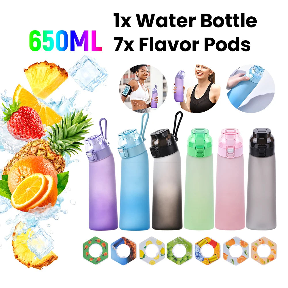 650ML/22oz Sports Water Bottle With 7 Flavor Pods Scented Leakproof Fruit Flavor Water Cup W/ Straw For Gym Outdoor Activities