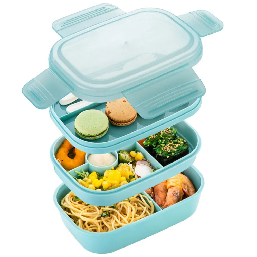 Stackable Bento Box Microwave Lunch Box 3 Layers All-in-One Lunch Containers with Cutlery Set Multiple Grid for Adults & Kids