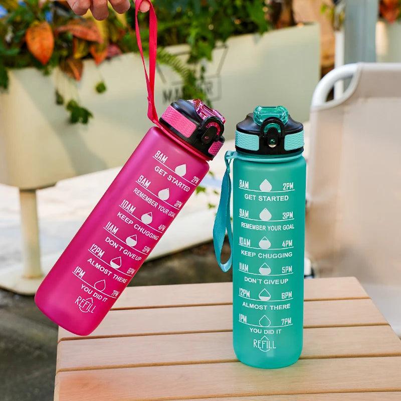 1L Water bottle 12 colors Leak Proof with Time Mark Drink and Straw Motivational Drinking Sports Water Bottle for Outdoor Hiking