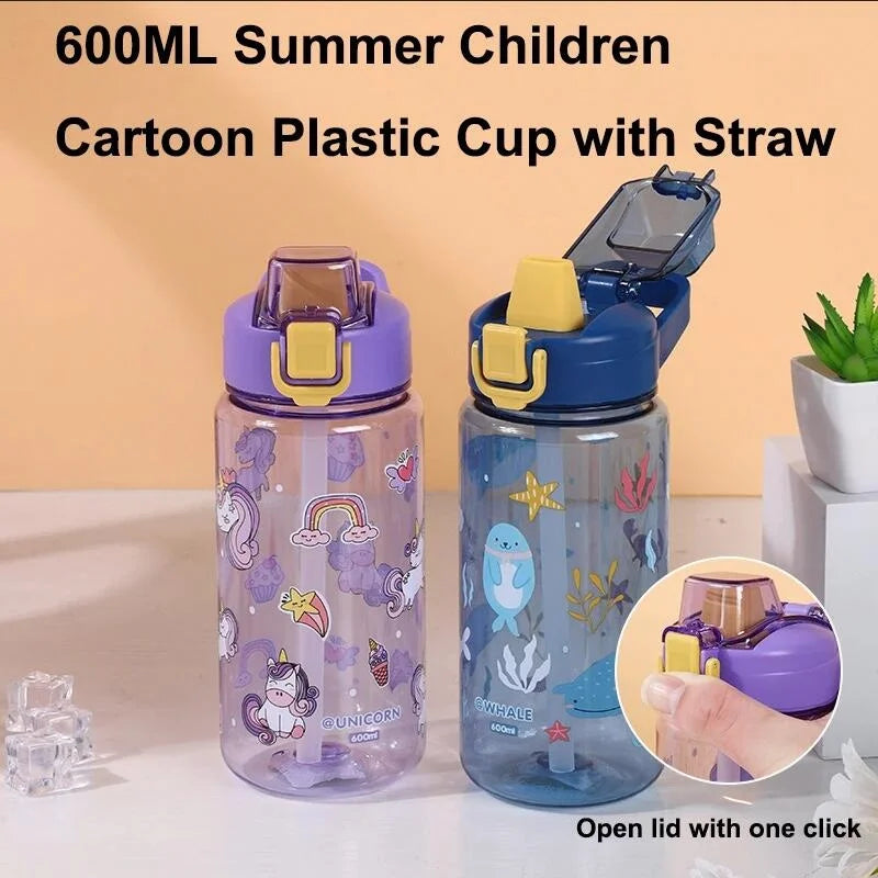 600ml Cartoon Animal Water Bottle Portable Safety Lock Cute Straw Cup Kids Leak-proof Drinking Jug For Outdoor Camping Travel