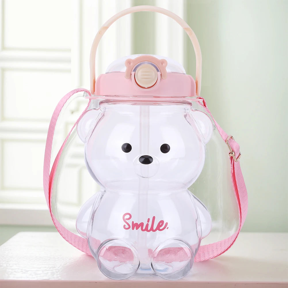 1000/1400ml Bear Water Bottle with Shoulder Strap Straw Sports Water Jug Leak-Proof Travel Straw Cup for Boys Girls Daily Use