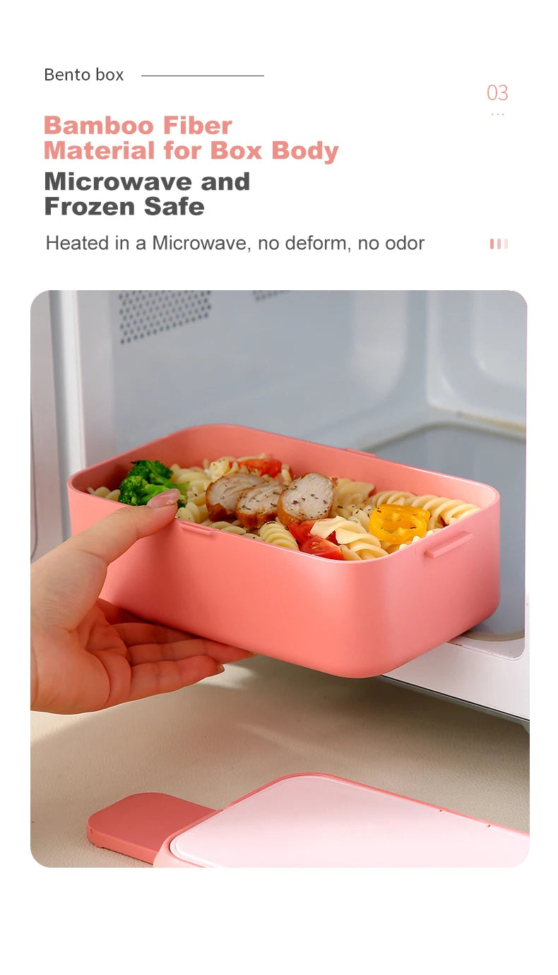 Portable Lunch Box Bamboo Fiber 3in1 Double Layer Bento BOX Microwave Spoon Fork Women Girl School Kid Picnic Lunch Box