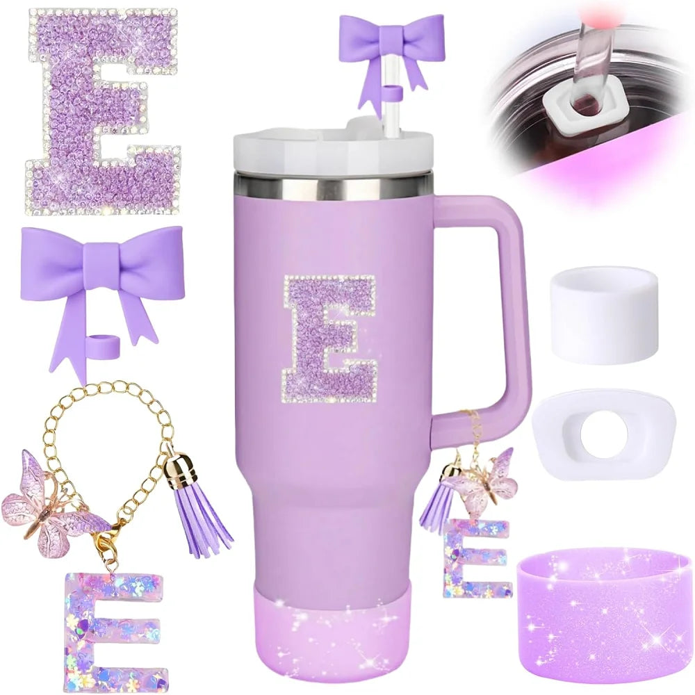 6pcs Accessories Set for Stanely 30oz 40oz Tumbler Including Glitter Initial Sticker 10mm Straw Topper Cover, Resin Letter Charm