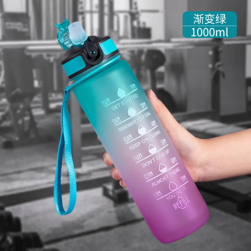 1L Water bottle 12 colors Leak Proof with Time Mark Drink and Straw Motivational Drinking Sports Water Bottle for Outdoor Hiking