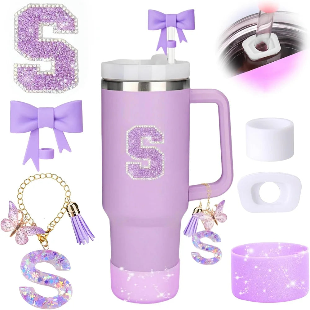 6pcs Accessories Set for Stanely 30oz 40oz Tumbler Including Glitter Initial Sticker 10mm Straw Topper Cover, Resin Letter Charm