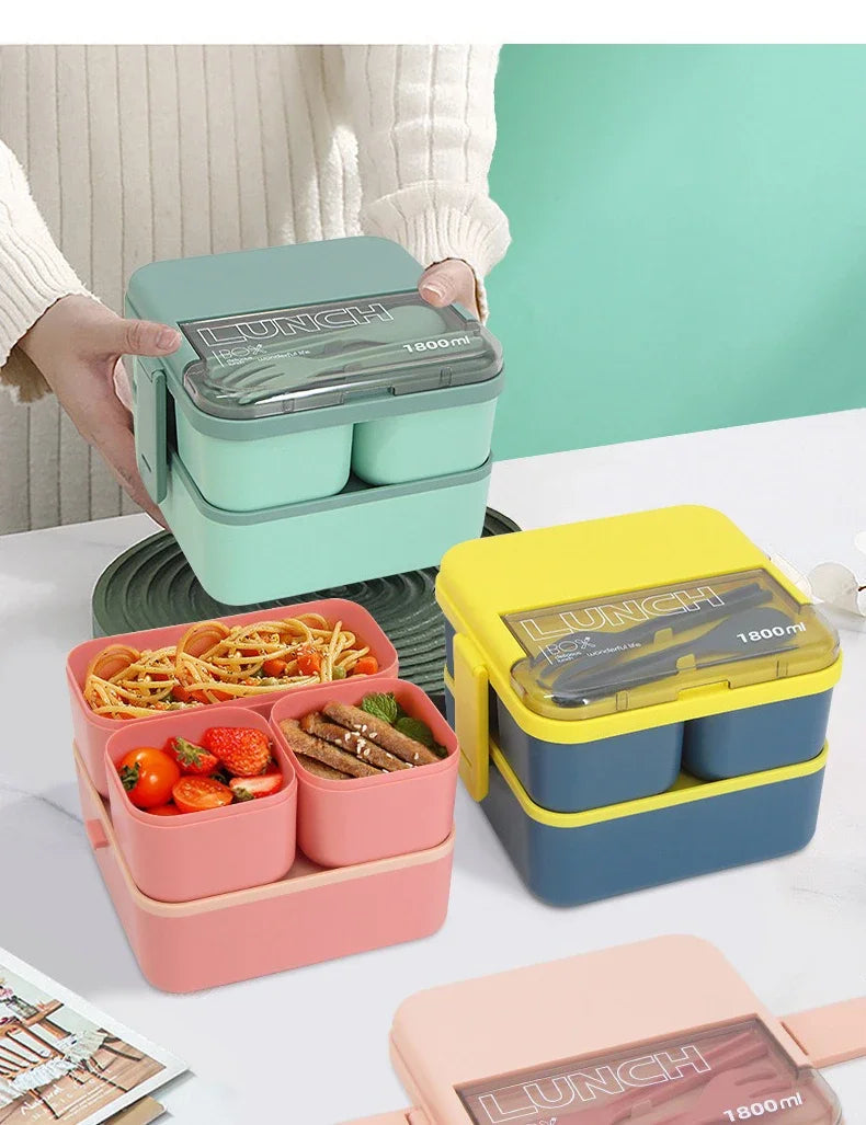 1100ML/1800ML 2 layer Compartment Lunch Box For Kids With Fork and Spoon Microwave Bento Boxes Portable Food Storage Container