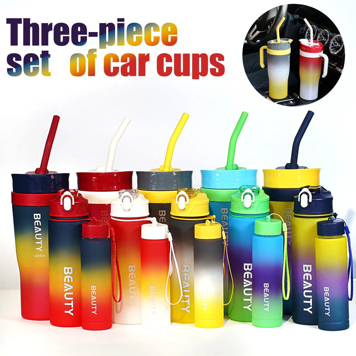 Set 3-in-1 Sports Gradient Water Bottle with Straw Large Capacity with Stylish Handle Drink Bottle water Cup Outdoor