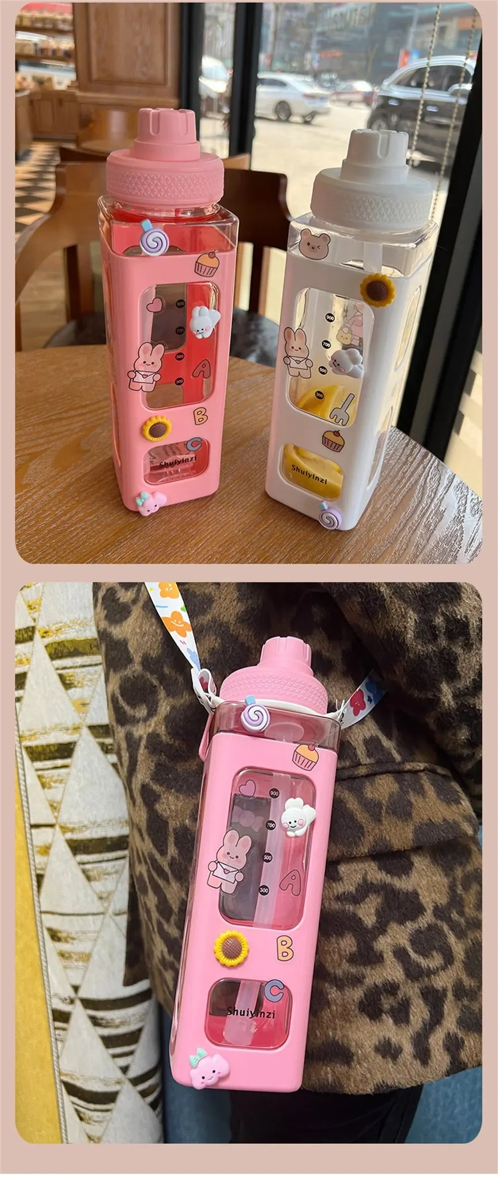 High Quality Water Bottle with Straw 3D Cute Bear Sticker Bpa Free Plastic Square Sippy Cup Portable Drinkware 700ml