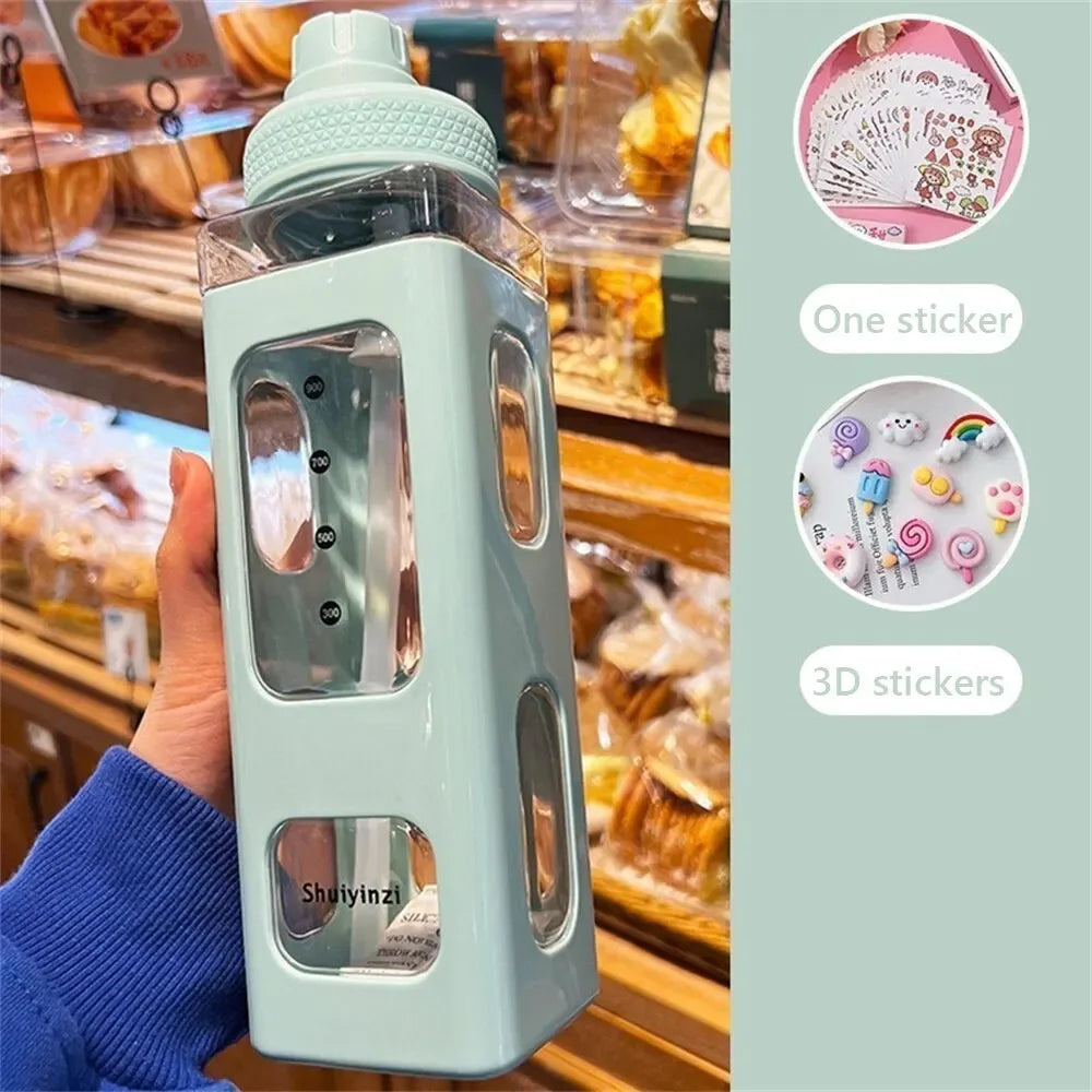 High Quality Water Bottle with Straw 3D Cute Bear Sticker Bpa Free Plastic Square Sippy Cup Portable Drinkware 700ml