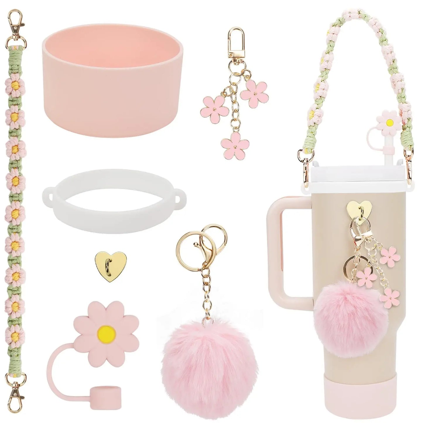 7Pcs Accessory Set For Stanley Cup Pink Flower Water Bottle Handle Strap Straw Protect Cover Fashion Charms Pendant Decoration