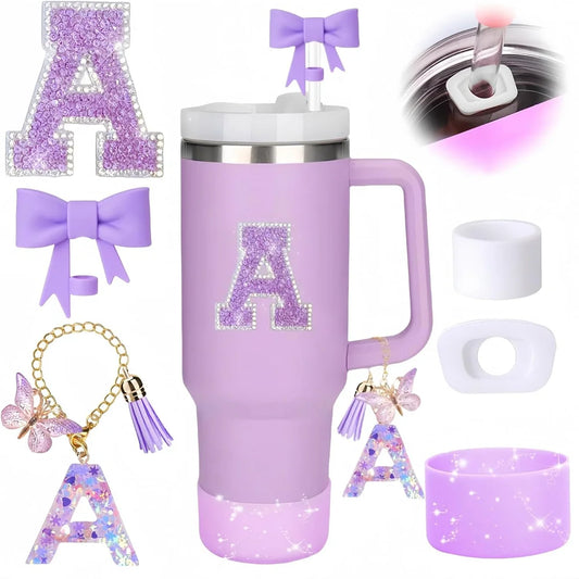 6pcs Accessories Set for Stanely 30oz 40oz Tumbler Including Glitter Initial Sticker 10mm Straw Topper Cover, Resin Letter Charm