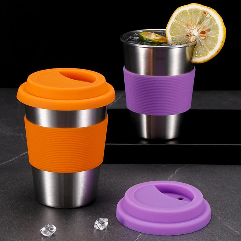 304 Stainless Steel Coffee Cup with Silicone Lids Portable Water Drinks Tea Milk Beer Mug Anti-Scald Travel Drinkware 350ML - Gabriel