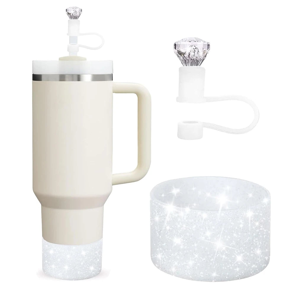 2pcs Accessories for 30oz 40oz Tumbler Cup Including 10mm Diamond Straw Cover and Silicone Glitter Protective Boot for Gift