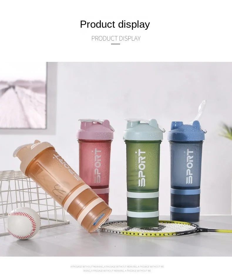 500ML 3-layer Sports Water Protein Powder Shaker Bottle Outdoor Travel Portable Leakproof Drinkware Plastic Drink BPA Free