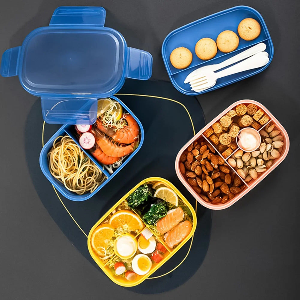 Stackable Bento Box Microwave Lunch Box 3 Layers All-in-One Lunch Containers with Cutlery Set Multiple Grid for Adults & Kids