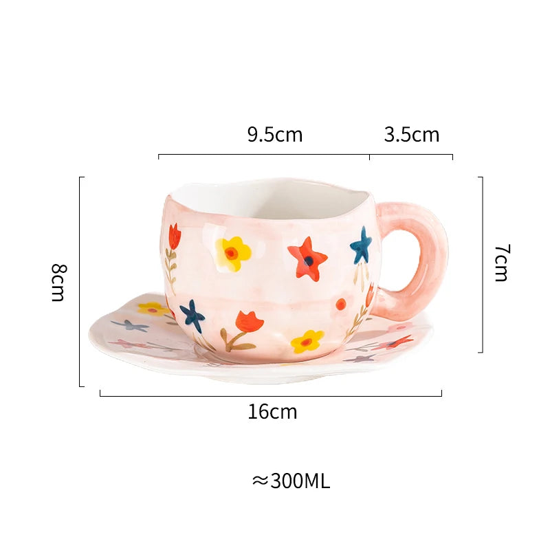 Creative Ceramic mug Hand-painted Flower Clouds Coffee Cup with Saucer Irregular Handmade Cup Breakfast Milk Tea Cups Gift Set - Gabriel