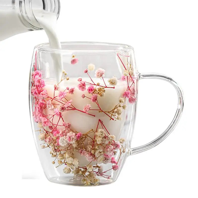 Double Wall Glass Dry Flowers Cup 350ml Insulated Coffee Mugs Dual Layered Glass Cups with Handle Elegant Dried Flowers milk Cup - Gabriel