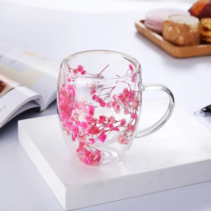 250ml / 350ml Double Wall Glass Cup Dry Flowers Insulated Flowers Espresso Cup Coffee Mugs Dual Layered Glass Cups Dried Flowers - Gabriel