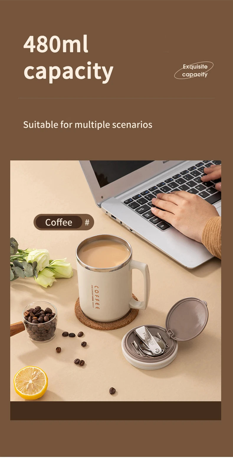 WORTHBUY 480ML Coffee Cups With Straw&Spoon 304 Stainless Steel Reusable Portable Leak-proof Coffee Milk Mug Drinking Cup