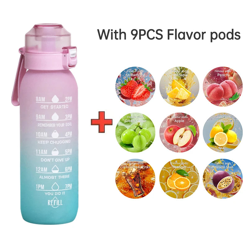 LUSQI 1PC 1000ML Flavor Water Bottle With Straw With 9PCS Flavor Pods Fashion Fitness Water Bottle For Outdoor Activities Sports