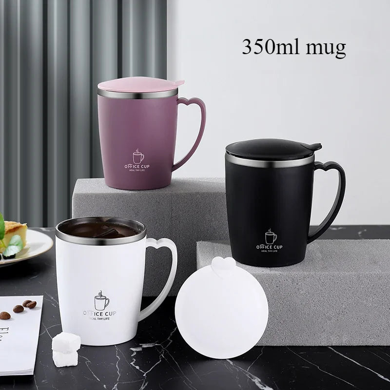 350ml Thermal Coffee Cup Double Wall Stainless Steel Heat Insulated Coffee Milk Mug with Handle and Lid Travel Drinking Tumbler