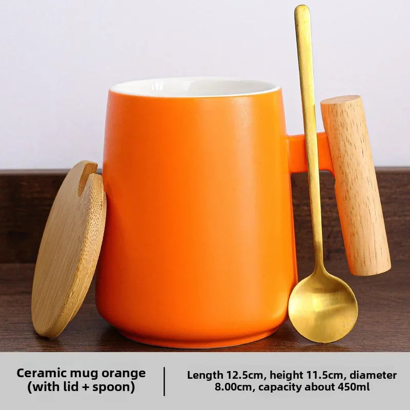 450ml Nordic Ceramic Coffee Mug with Lid and Sppon Wooden Handle Office Water Cup Creative Coffee Cup Milk Mugs Gift Drinkware - Gabriel