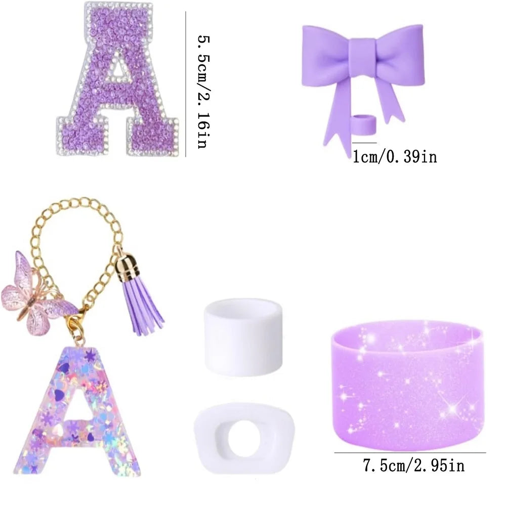 6pcs Accessories Set for Stanely 30oz 40oz Tumbler Including Glitter Initial Sticker 10mm Straw Topper Cover, Resin Letter Charm