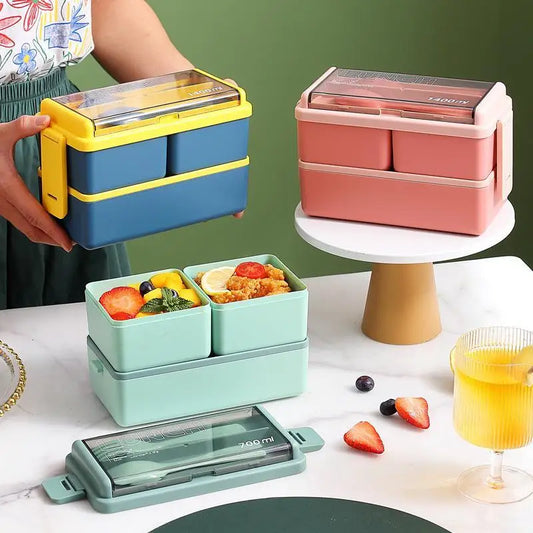 Doppelschichtige tragbare Lunchbox für Kinder mit Gabel und Löffel, Mikrowellen-Bento-Boxen, Geschirrset, Vorratsbehälter für Lebensmittel