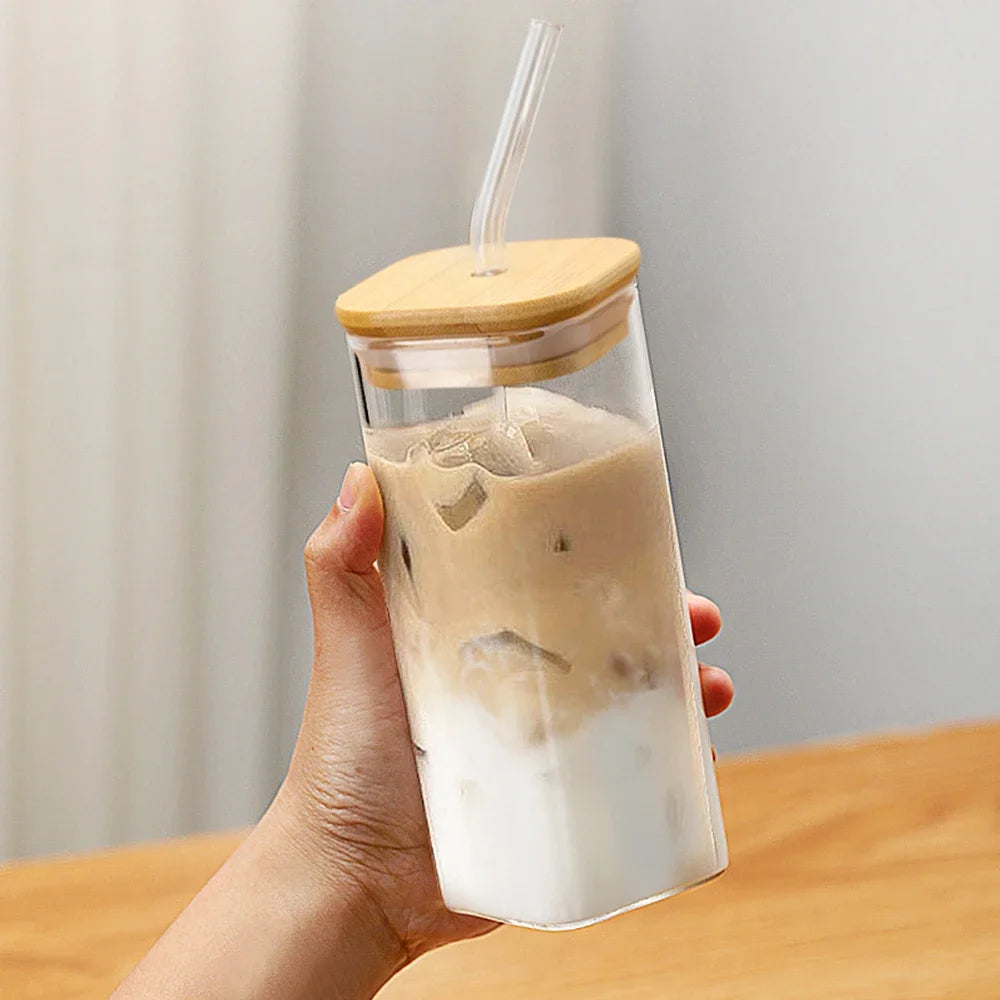 350ml Square Coffee Glass Cup With Lid and Straw Heat Resistant Ice Coffee Mug Breakfast Milk Cup Transparent Beer Cup Drinkware - Gabriel