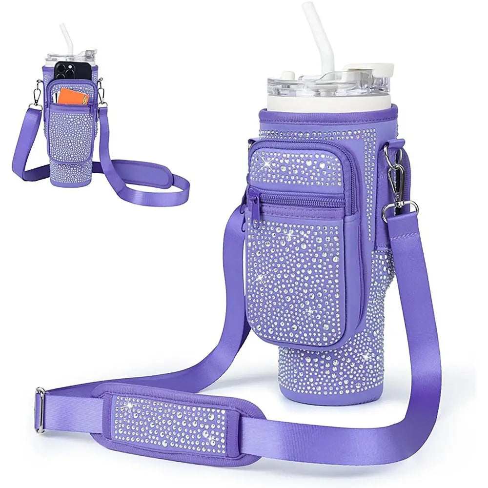 with Phone Pocket Water Bottle Holder Pouch Diamond Soft Adjustable Strap Water Cup Bags Handfree Bottle Carrier Bag