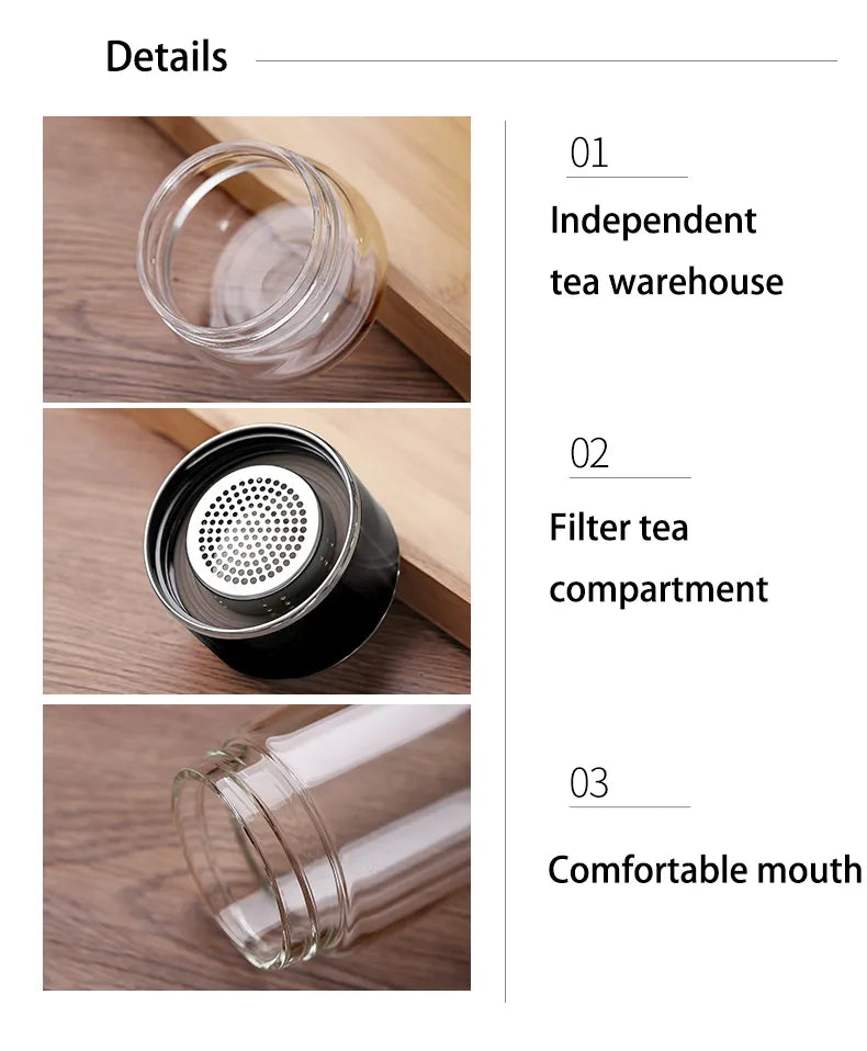 Teewasserflasche aus Borosilikatglas, doppelschichtig, Teetasse, Tee-Ei, Becher, Trinkgeschirr, Wasserflasche mit Teefilter