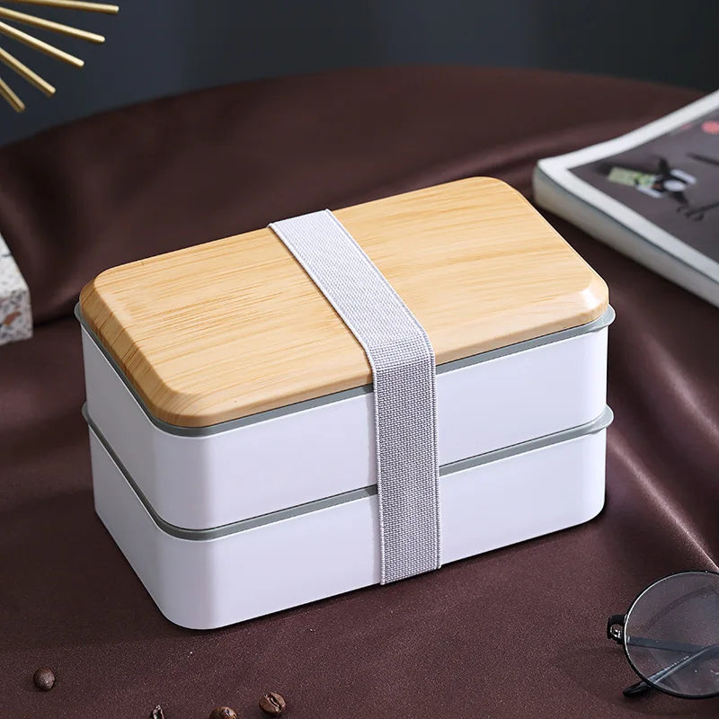 Wooden Grain Lunch Box Large Capacity Double Layer Sealed Leak Proof Microwave Oven Bento Box Food Storage Portable Tableware