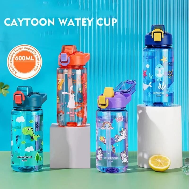 600ml Cartoon Animal Water Bottle Portable Safety Lock Cute Straw Cup Kids Leak-proof Drinking Jug For Outdoor Camping Travel