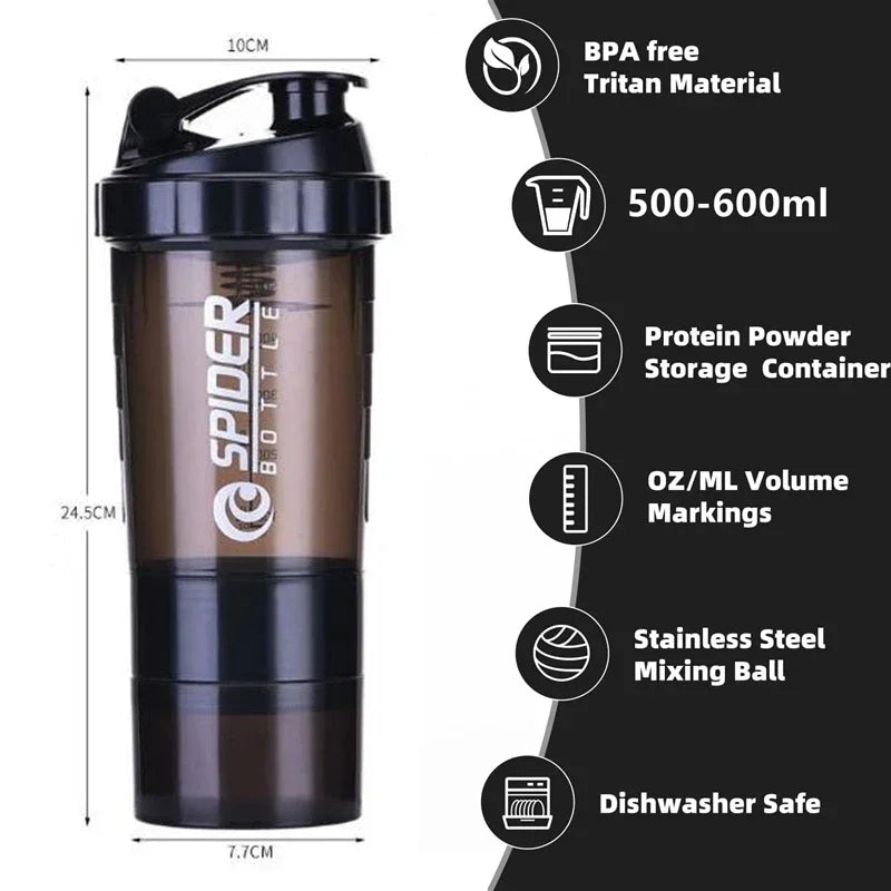 Tragbarer Protein-Shaker-Becher, 500 ml, mit Pulver-Aufbewahrungsbehälter, Mixerbecher, Fitnessstudio-Sport-Wasserflasche mit Schneebesen und Trinkgeschirr