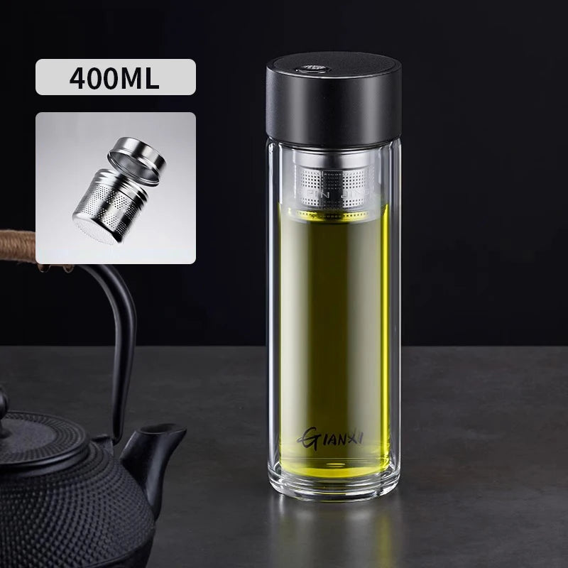 Glass Water Bottle With Tea Strainer and Magnetic Cup Lid Heat-Resistant Water Cup Portable Leak-Proof Office Household Tea Cup