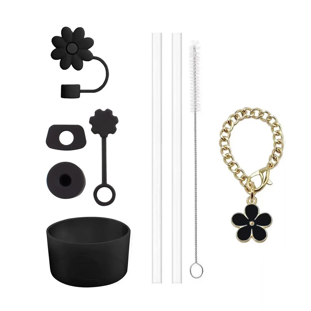 Cup Accessories for Stanley Set of 9, 2 Straw and Brush and 1 Flower Charm Chain 3 Spill Proof Stopper Flowers Straw Cover Boot