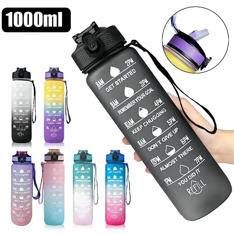 1L Water bottle 12 colors Leak Proof with Time Mark Drink and Straw Motivational Drinking Sports Water Bottle for Outdoor Hiking