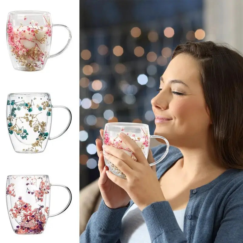 Double Wall Glass Dry Flowers Cup 350ml Insulated Coffee Mugs Dual Layered Glass Cups with Handle Elegant Dried Flowers milk Cup - Gabriel