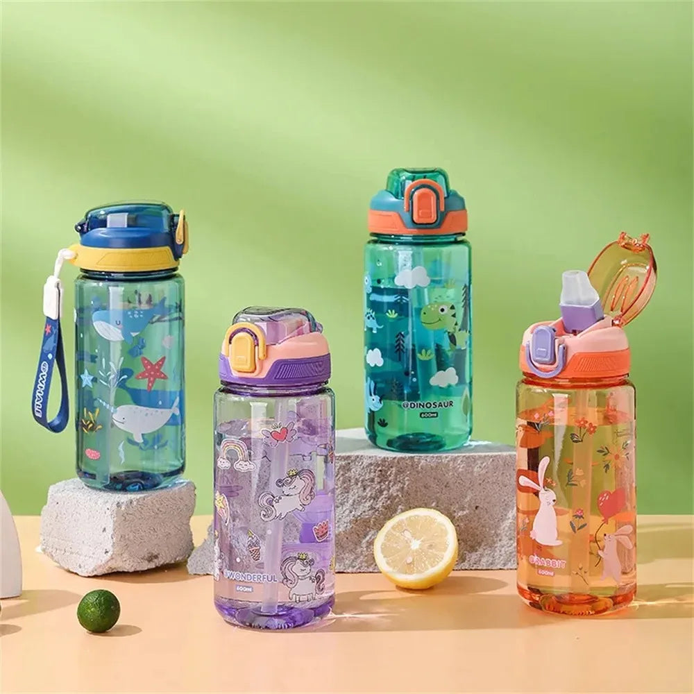 600ml Kids Cartoon Animal Water Bottle Portable Safety Lock Cute Straw Cup Leak-proof Drinking Jug For Outdoor Camping Travel