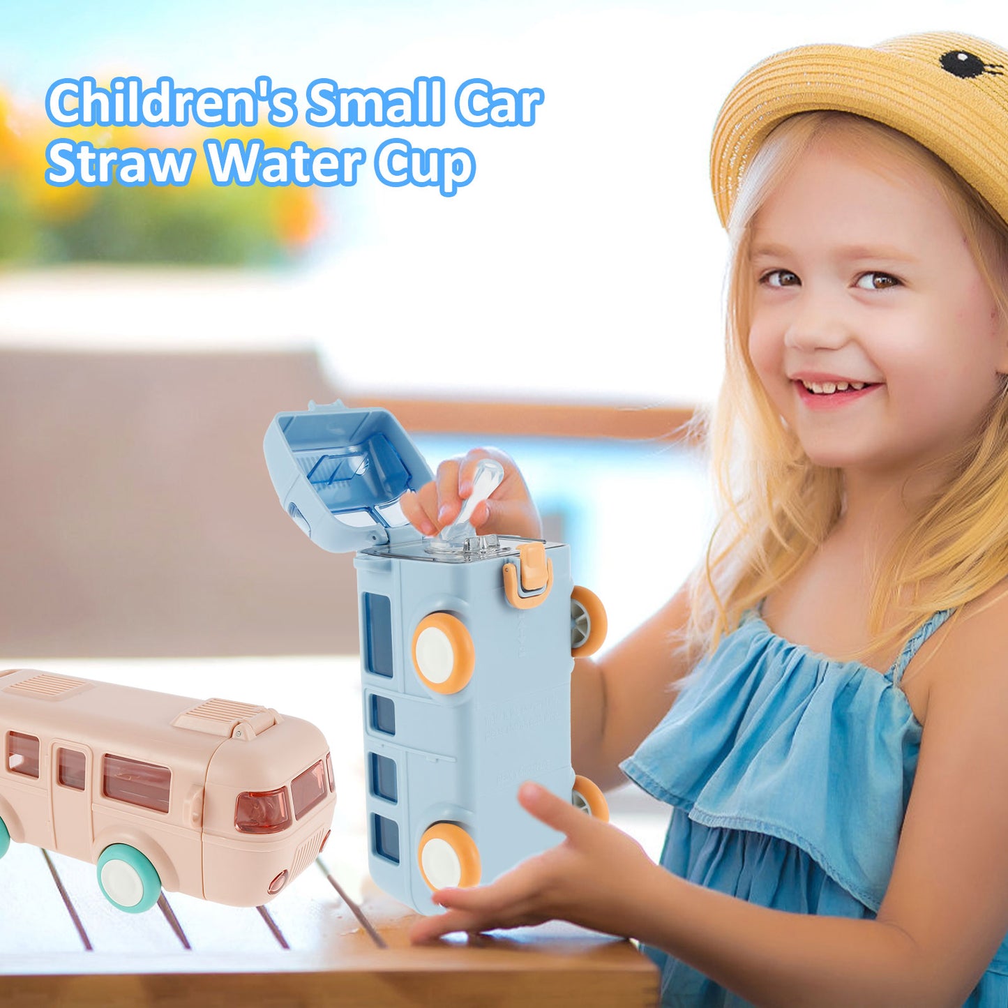 Car Straw Water Cup 500ml Portable Bus Water Bottle with Shoulder Strap Leak-Proof Kids Small Square Drinking Cup Cute Water Jug