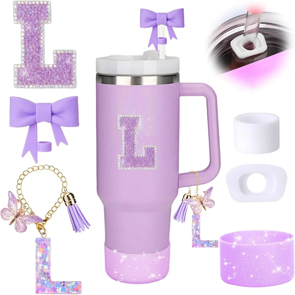 6pcs Accessories Set for Stanely 30oz 40oz Tumbler Including Glitter Initial Sticker 10mm Straw Topper Cover, Resin Letter Charm