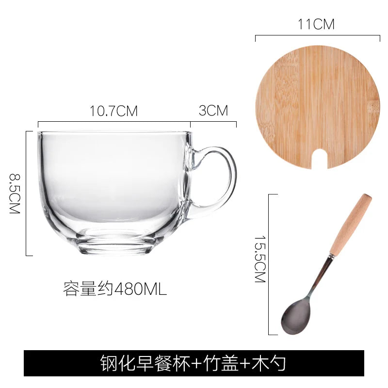 480ml Heat Resistant Thick Glass Glass Coffee Cup Milk Mug Transparent Round Kungfu Tea Cup with Bamboo Cover and Spoon - Gabriel