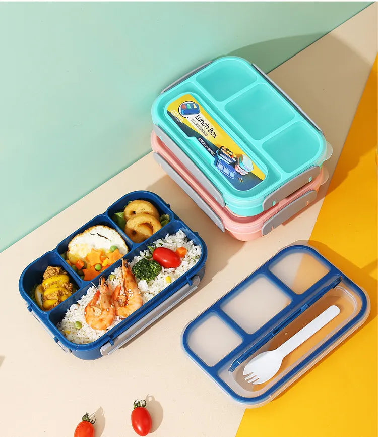 Portable Sealed Lunch Box 2 Layer Mesh Kids Leak Proof Bento Snack Box with Cutlery Microwave Safe Food Storage Container