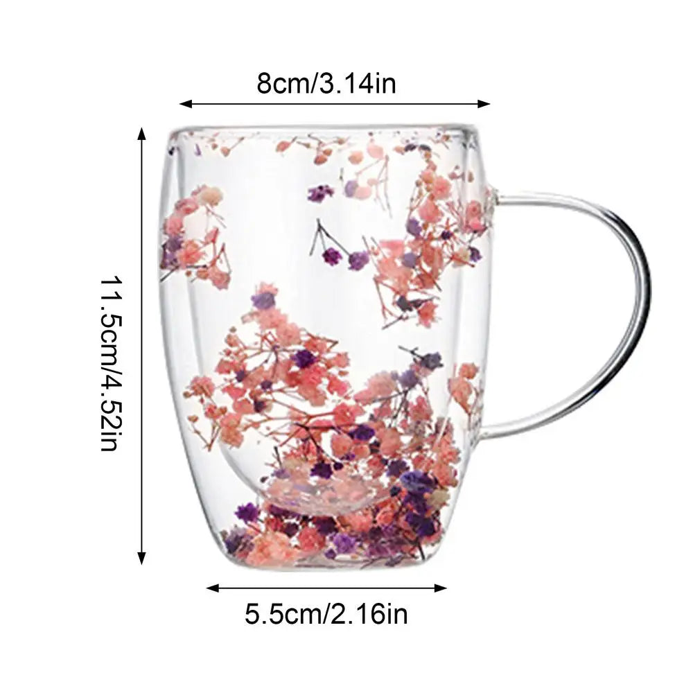 Double Wall Glass Dry Flowers Cup 350ml Insulated Coffee Mugs Dual Layered Glass Cups with Handle Elegant Dried Flowers milk Cup - Gabriel