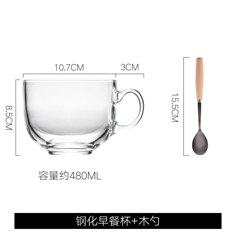 480ml Heat Resistant Thick Glass Glass Coffee Cup Milk Mug Transparent Round Kungfu Tea Cup with Bamboo Cover and Spoon - Gabriel